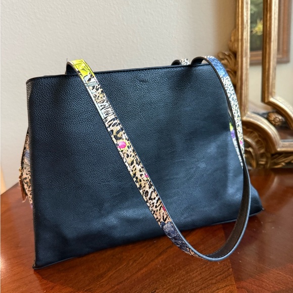 Betsey Johnson Black Shoulder Bag with bow , and Floral and Animal Print Accents - Picture 2 of 10